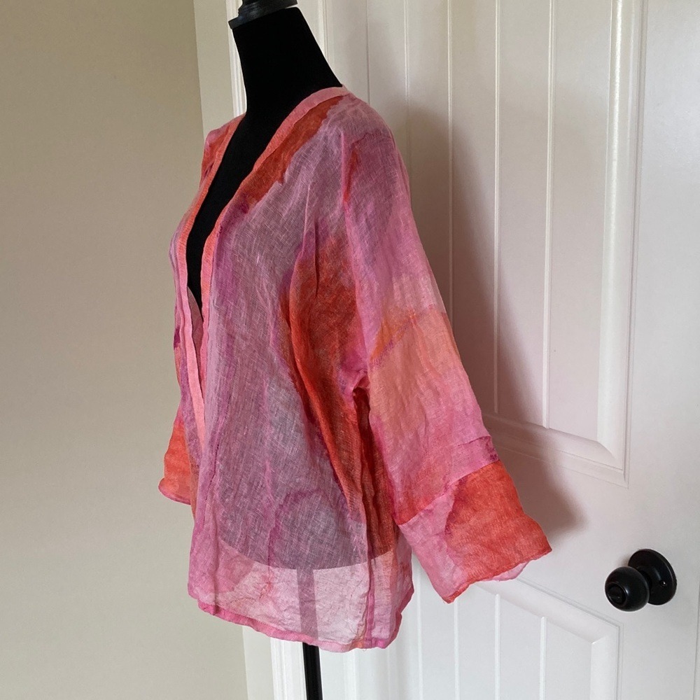 Chicos Womens Sheer‎ Watercolor Pink Coral Open Kimono Size XLP Coastal Linen - Picture 5 of 11